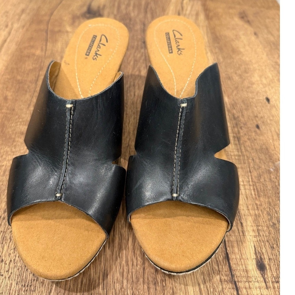 Clarks Black Leather Open-Toe Wedge Slides
